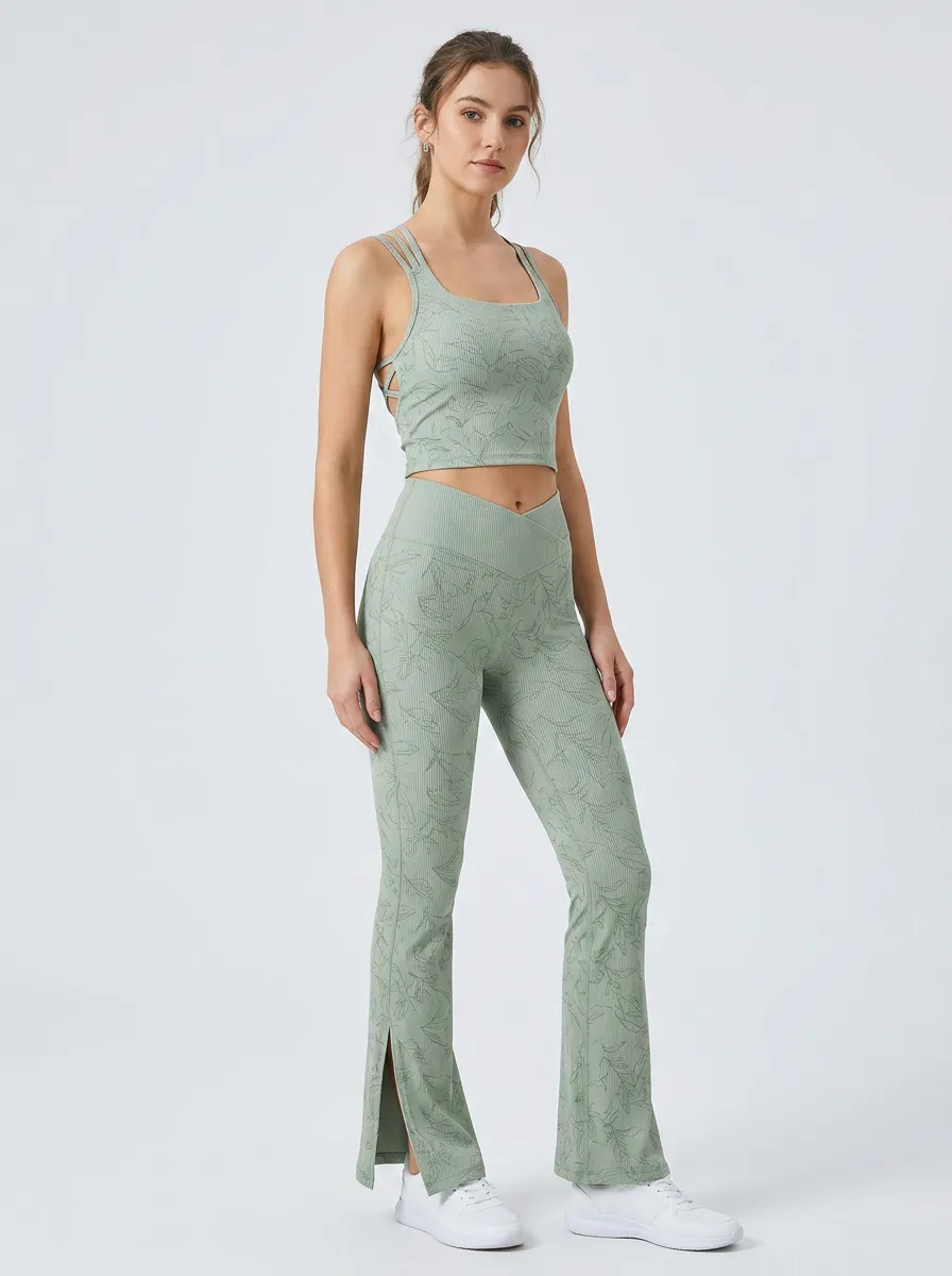 Women's Sage Green Leaf Print Activewear Set