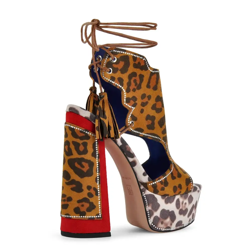 Leopard Rhinestone Tassel Lace Up Platform Sandals