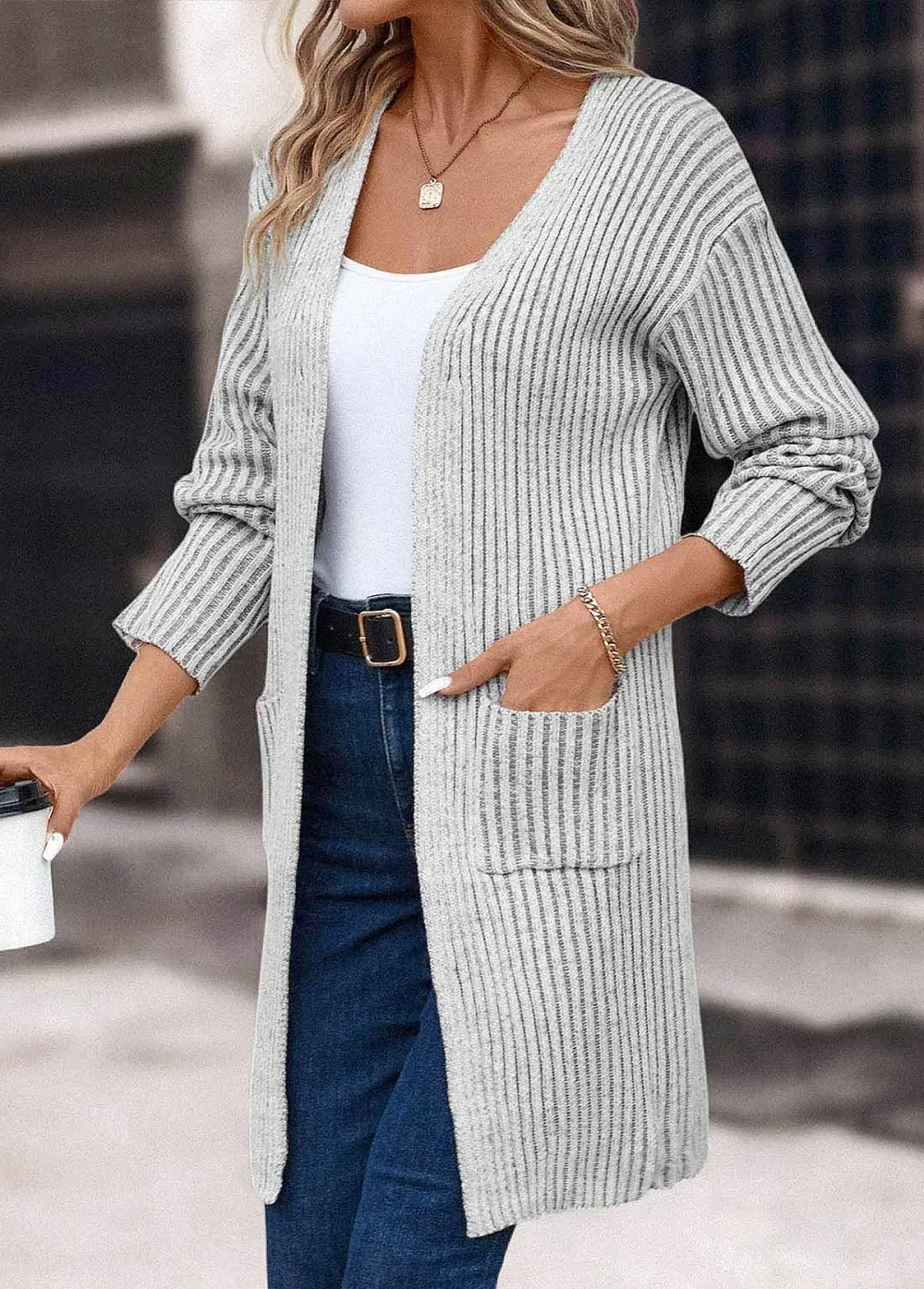 Light Grey Pocket Long Sleeve V Neck Coat