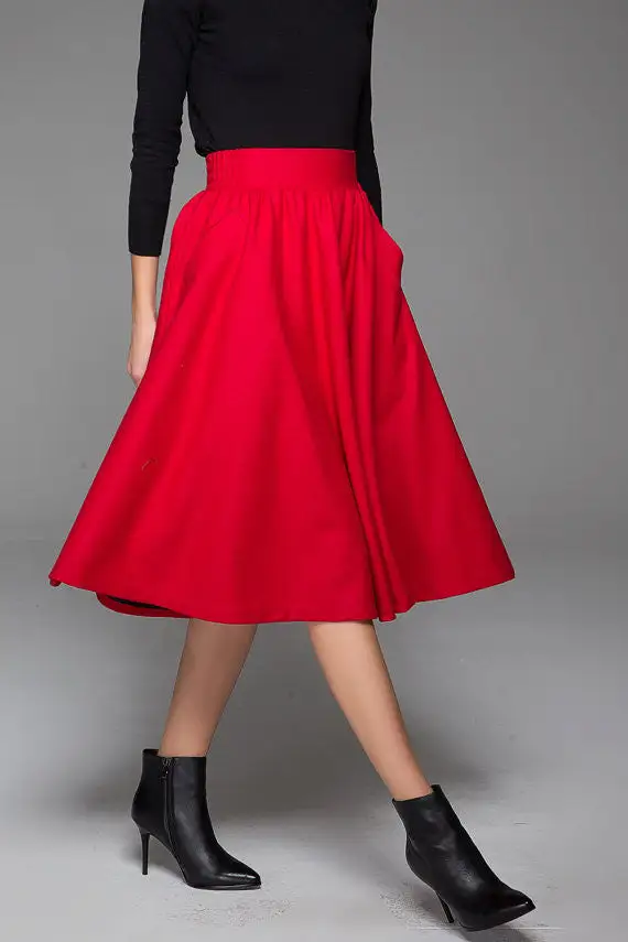 Wool Blend Elastic Waist Midi Skirt