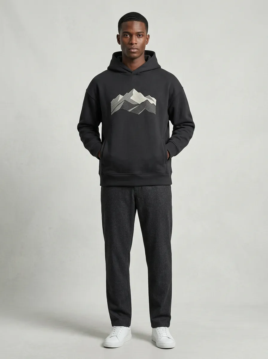Men's Mountain Line Art Graphic Pullover Chest-Graphic Hoodie