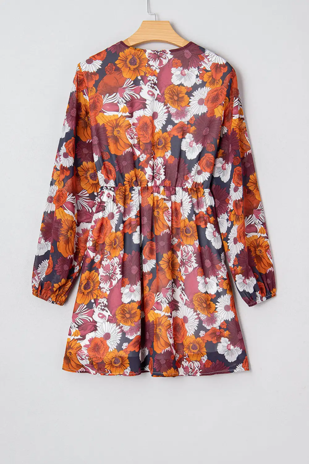 Textured Detail Floral Printed V Neck Mini Dress
