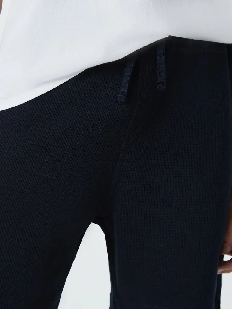 Navy Self-Textured Cotton-Blend Loose Shorts