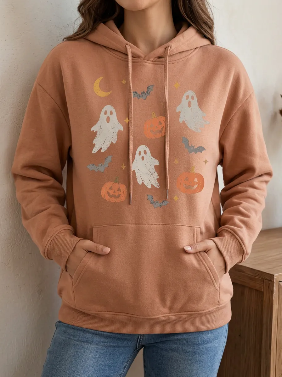 Women's Halloween Ghost Pumpkin Bat Statement Pullover Graphic Hoodie