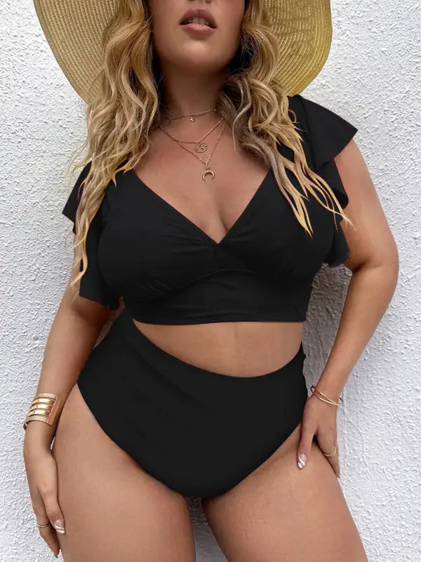Plus Size Falbala V Neck Bikini Swim Set