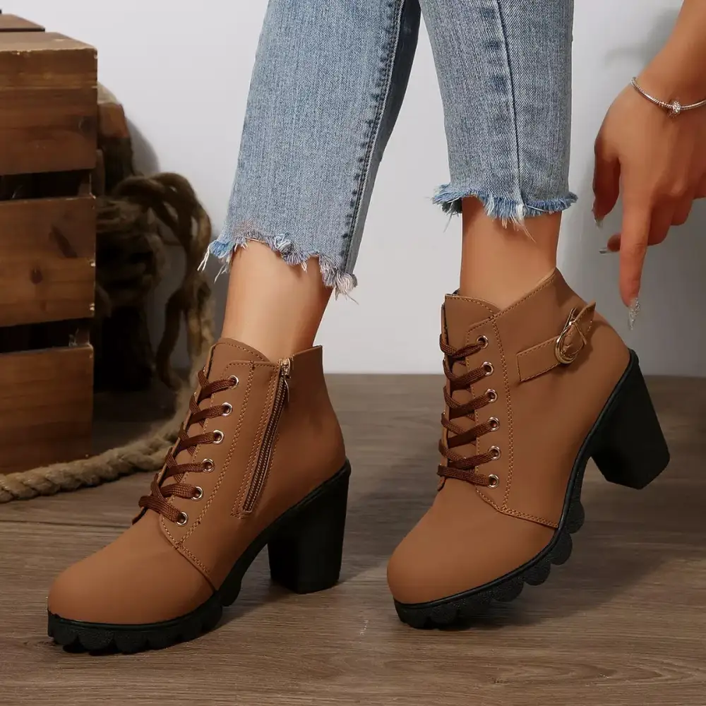 Textured Lace-Up Block Heel Boots