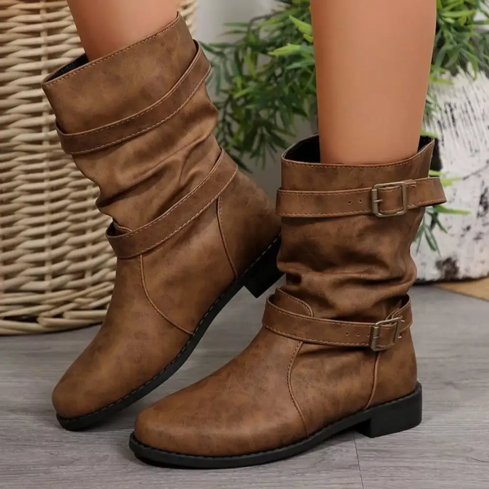 Buckled Low Heel Boots