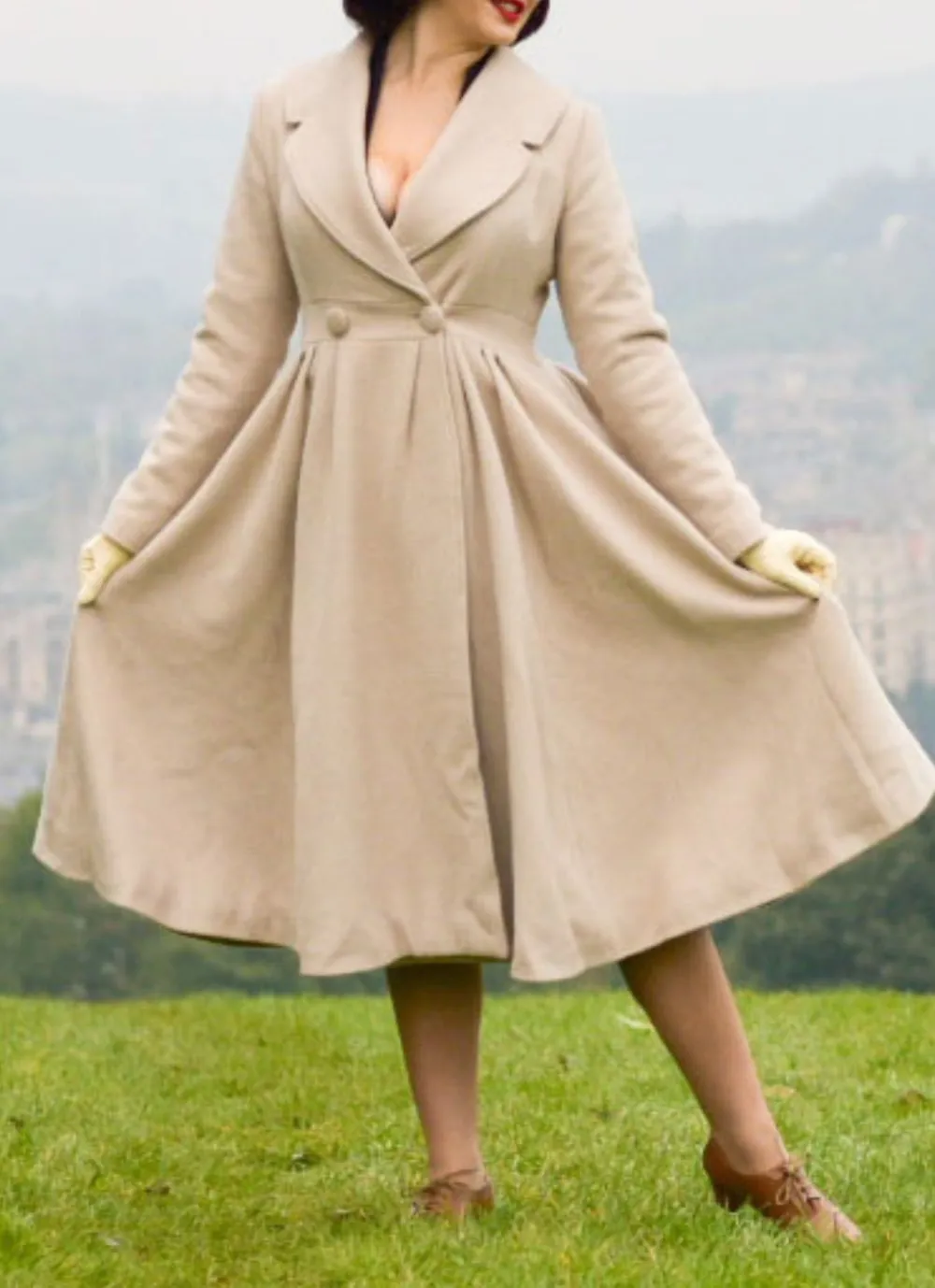 Polished Wool Blend Fit and Flare Double Breasted Lapel Collar Pleated Coat
