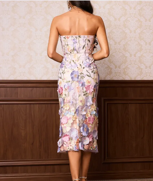 Strapless Embroidery Midi Dress