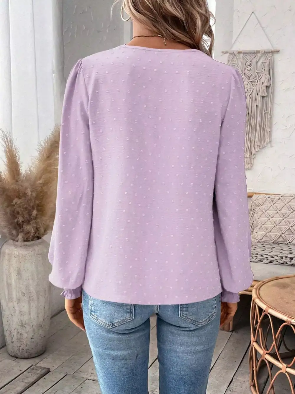 Swiss Dot Lace Detail Long Sleeve Blouse