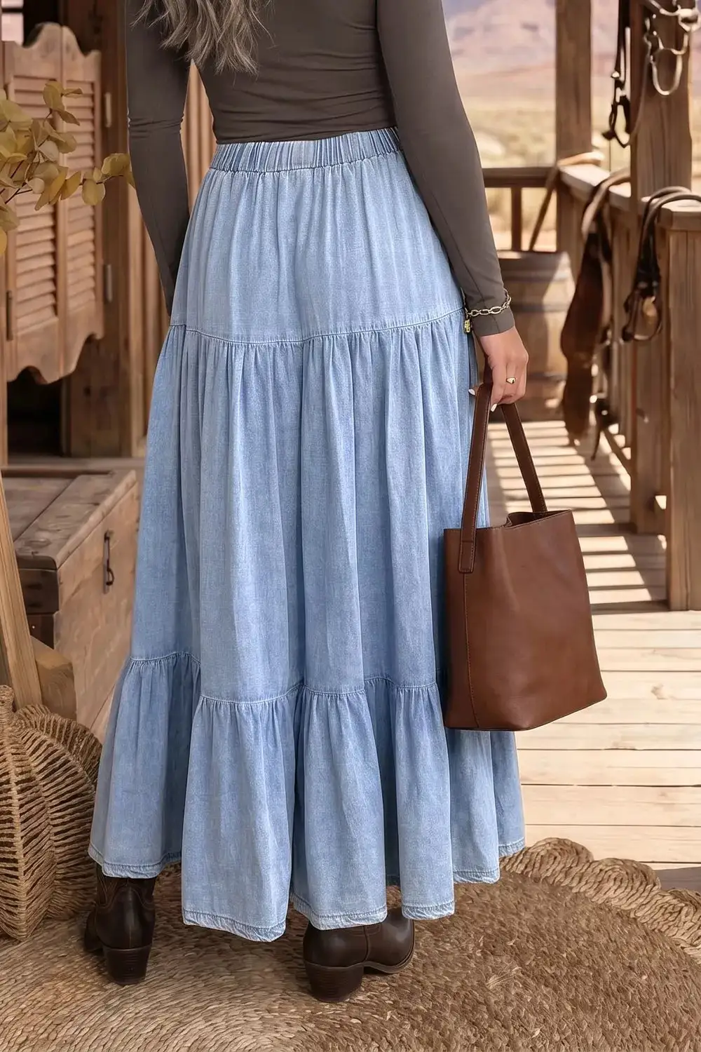 Elastic Waist Ruffled Tiered Flared Maxi Skirt
