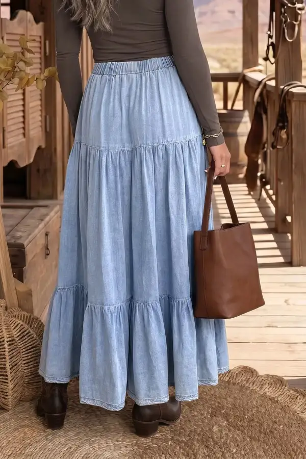 Elastic Waist Ruffled Tiered Flared Maxi Skirt