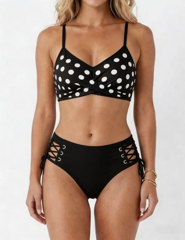 Polka Dot High Waist Lace Up Bikini Set