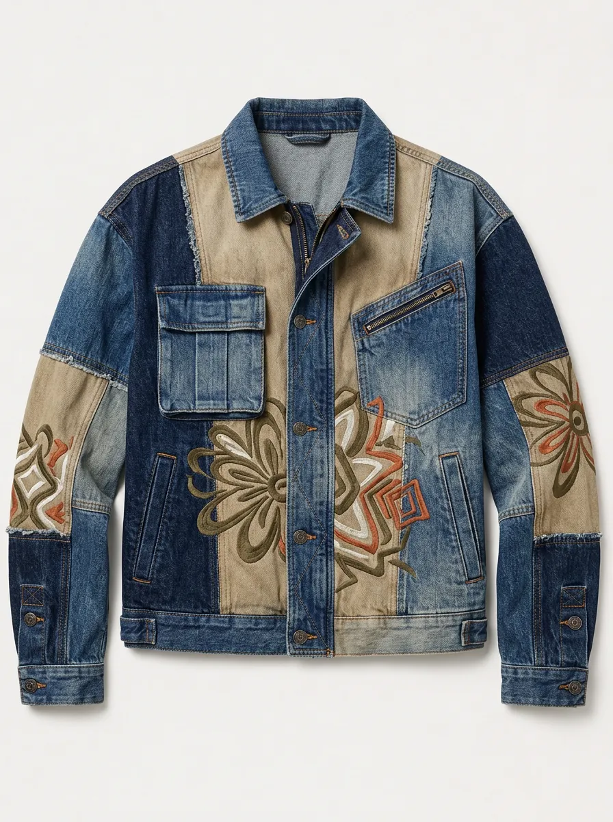 Men's Vintage Style Floral Embroidered Patchwork Denim Jacket