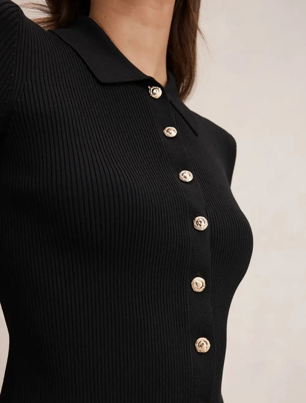 Black Ribbed Knit Long Sleeve Polo Top