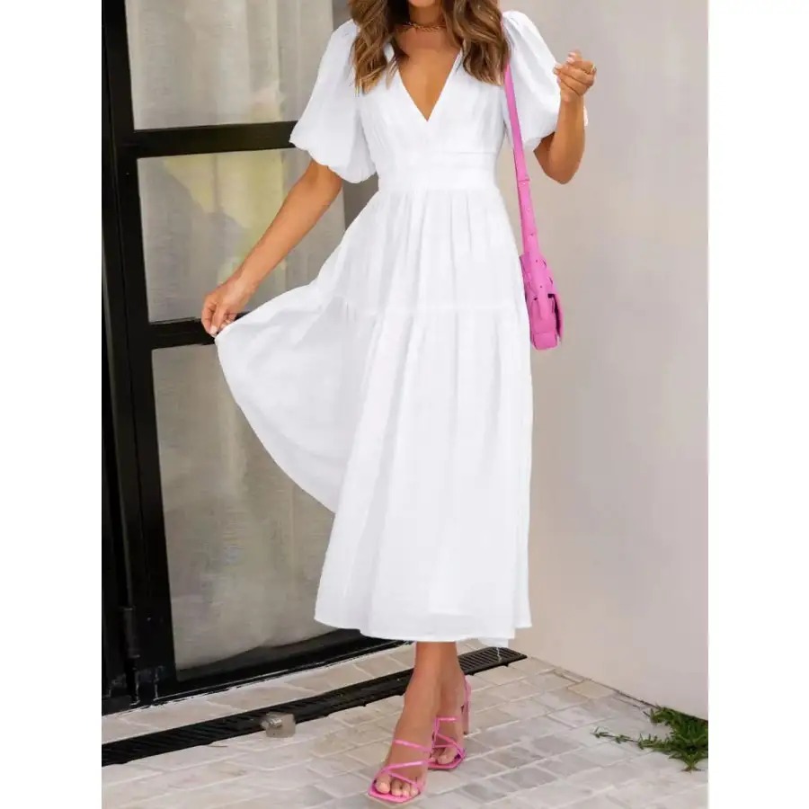 Neck V-Neck Puff Sleeve Midi Dress