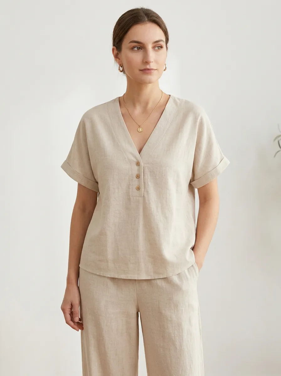 Short-Sleeve Button-Front Minimalist Women's V-Neck Casual Lounge Set