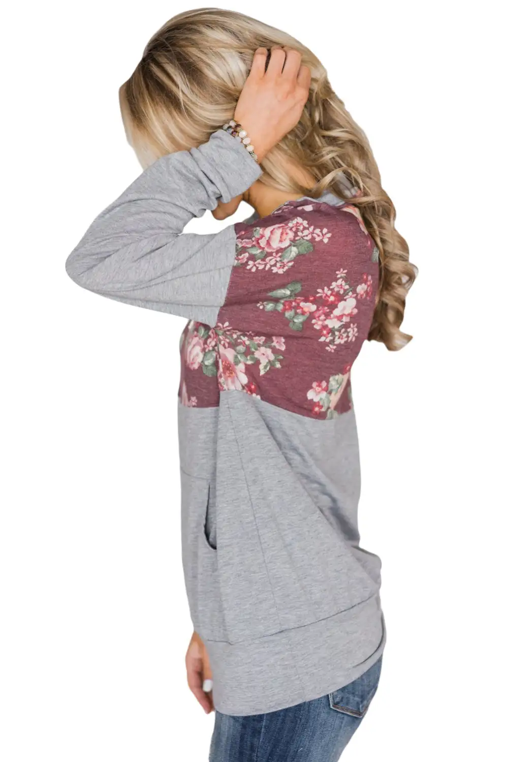 Floral Splice Kangaroo Pocket Zip Collar Sweatshirt