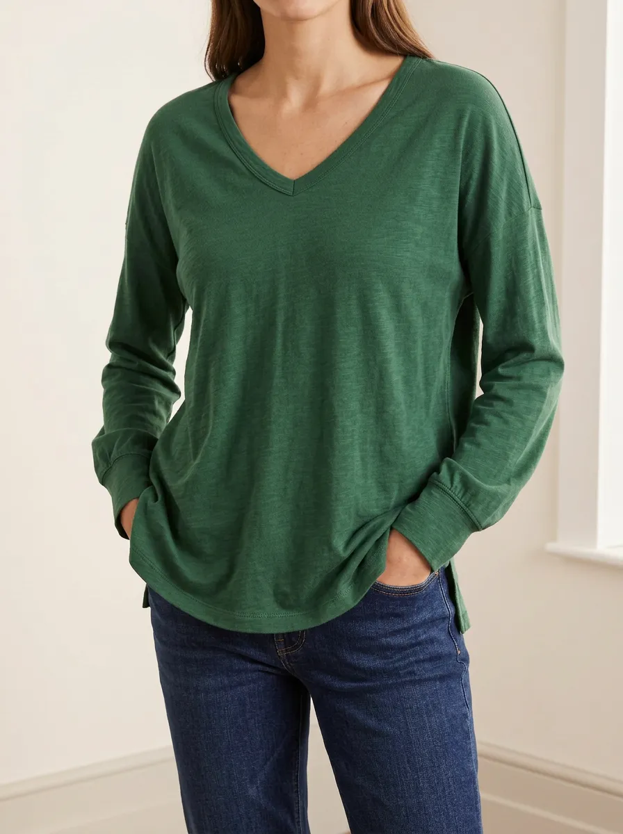 Easygoing V Neck Ribbed Texture Women's Long Sleeve Tee
