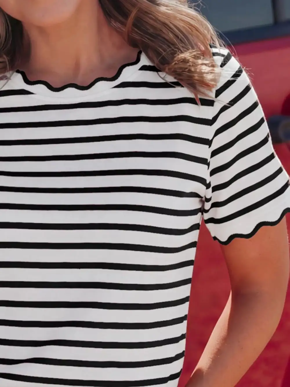 Striped Scallop Trimmed Round Neck T Shirt