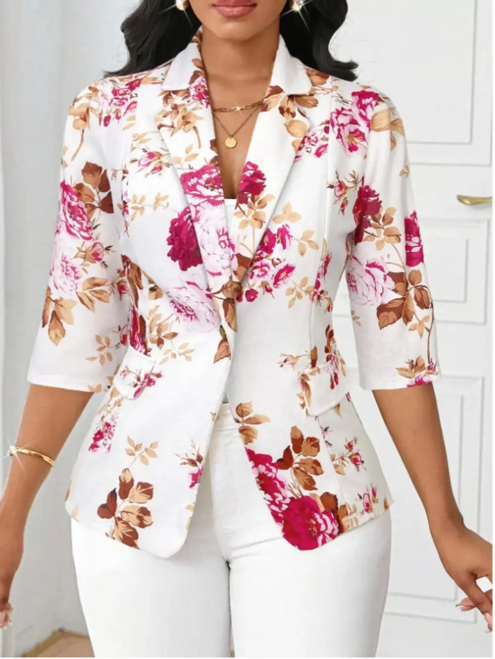 Single-Button Floral-Print Blazer
