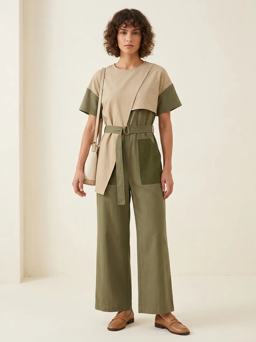 Women's Casual Style Beige Green Colorblock Belted Jumpsuit