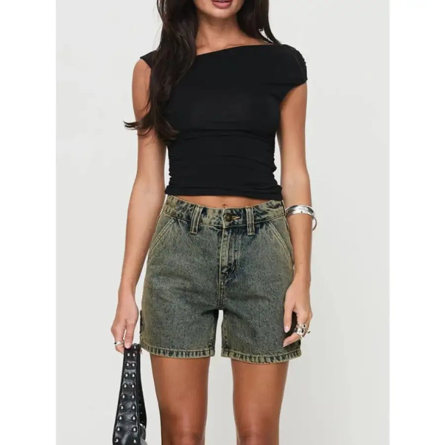 High Rise Pocketed Washed Denim Shorts