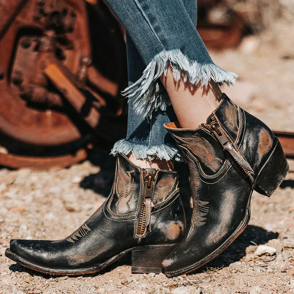 Classic Faux-Leather Distressed Embroidered Zip-Up Western Boots