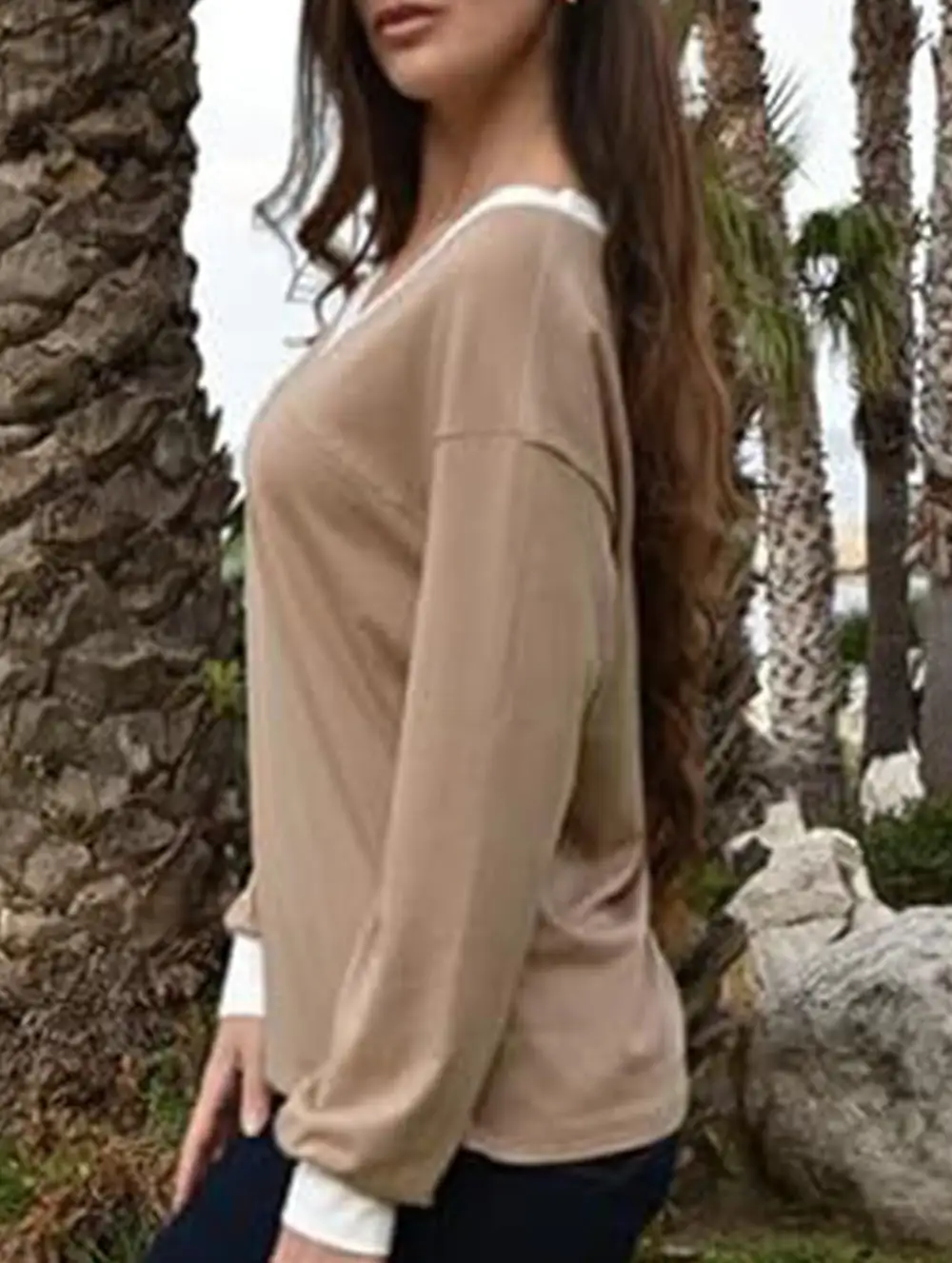 Contrast V Neck Loose Sweatshirt