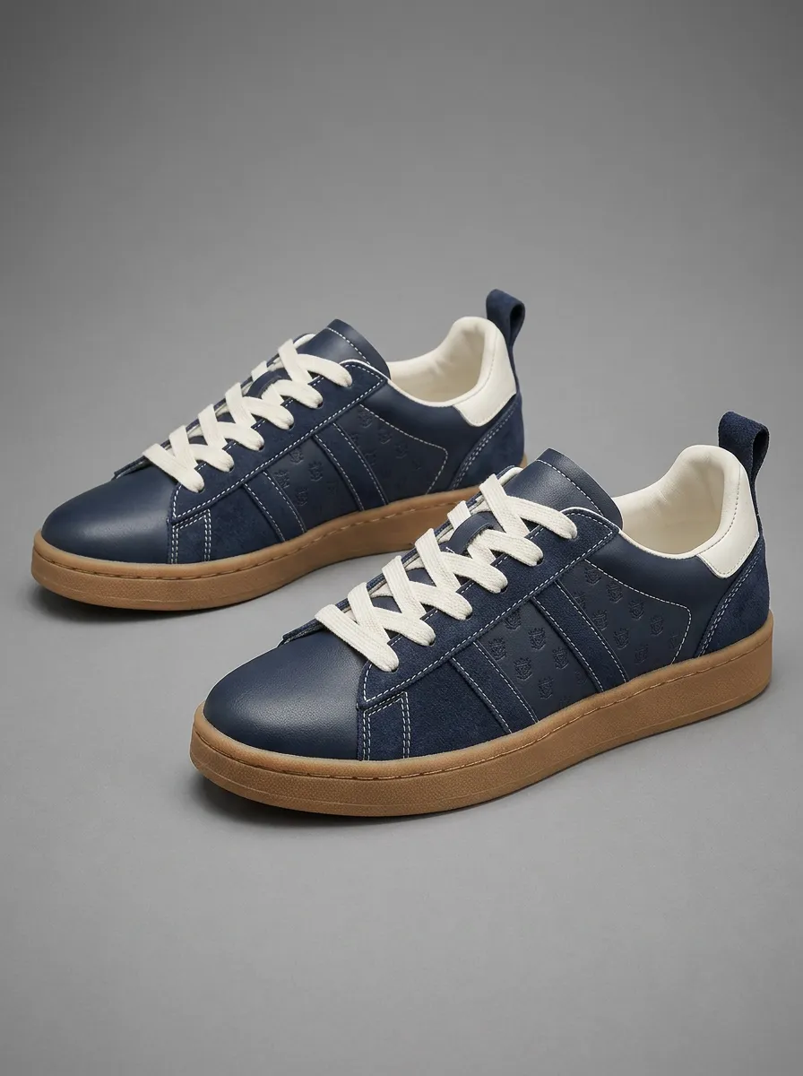 Men's Navy Blue Crest Pattern Embossed Printed Sneakers