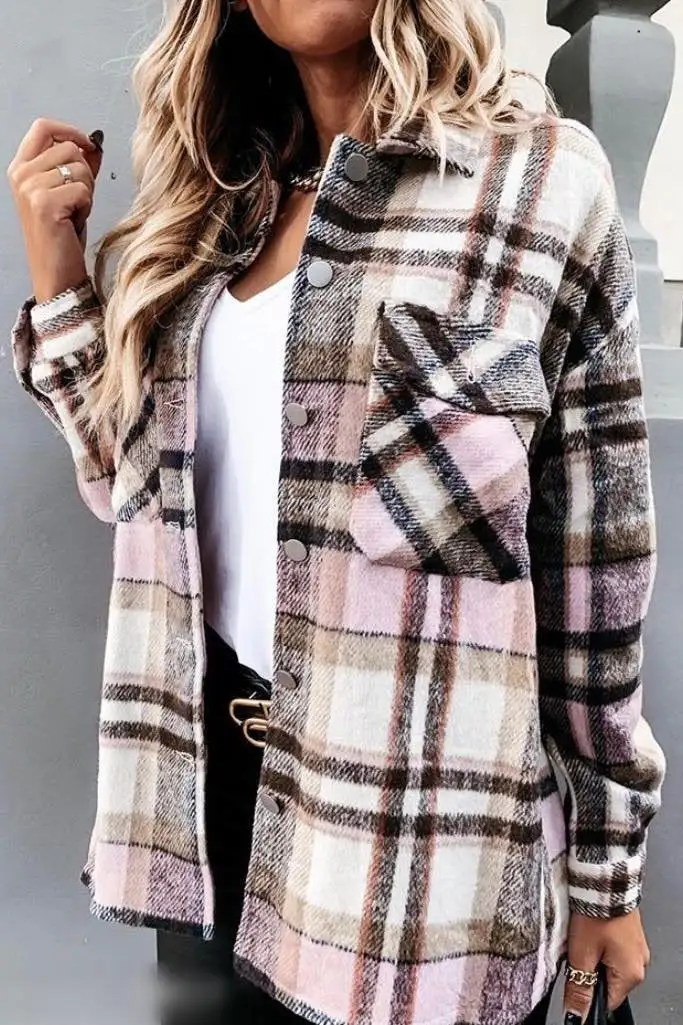 Casual Lapel  Button Plaid Pocket Coat