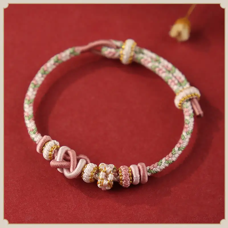 Handcrafted Peach Blossom Knot Rope Adjustable Bracelet