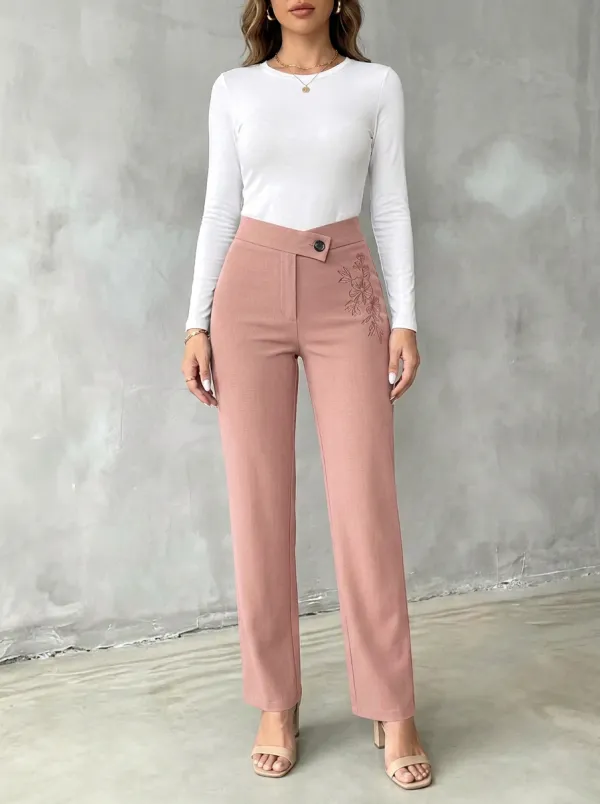 Women's Contemporary Everyday Floral Embroidered Mid Rise Straight Leg Pants