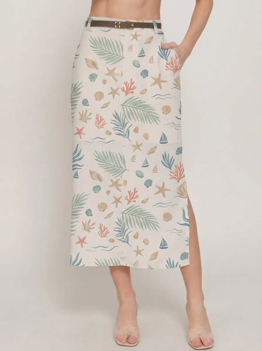 Women's Beach Lover Seashell Starfish Palm Leaf Printed Midi Skirt