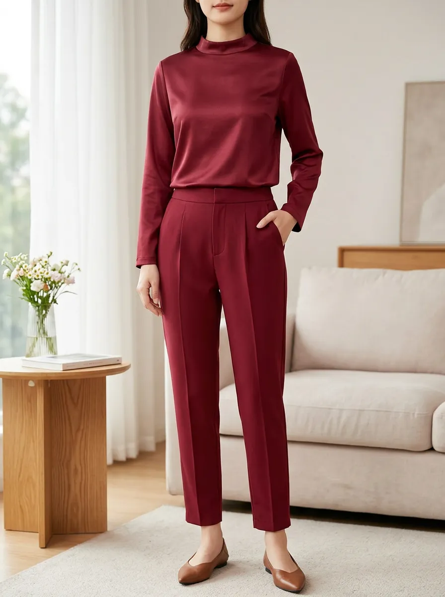 Women's Burgundy Mock Neck Long Sleeve Slim Fit Coordinated Trouser Set