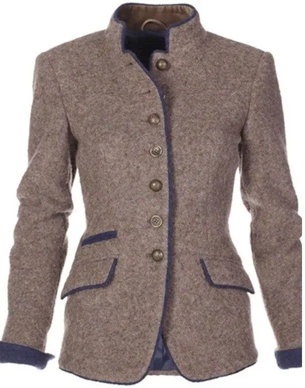 Wool Blend Stand Collar Button Front Jacket