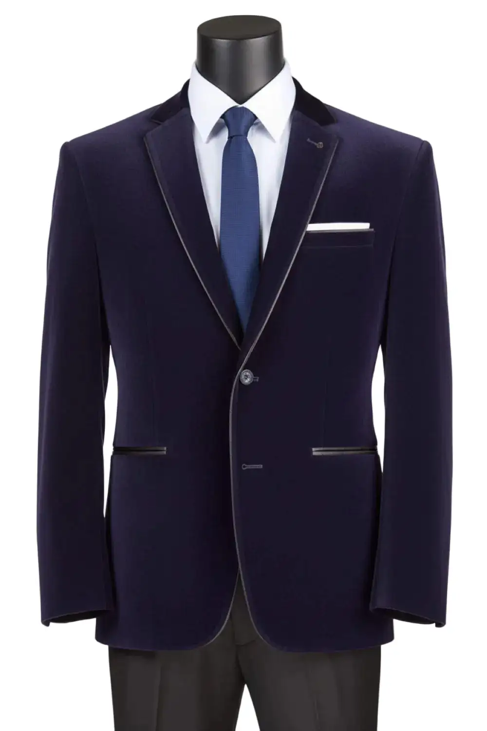 Navy Slim Fit Velvet Leather Solid Single Breasted Coat