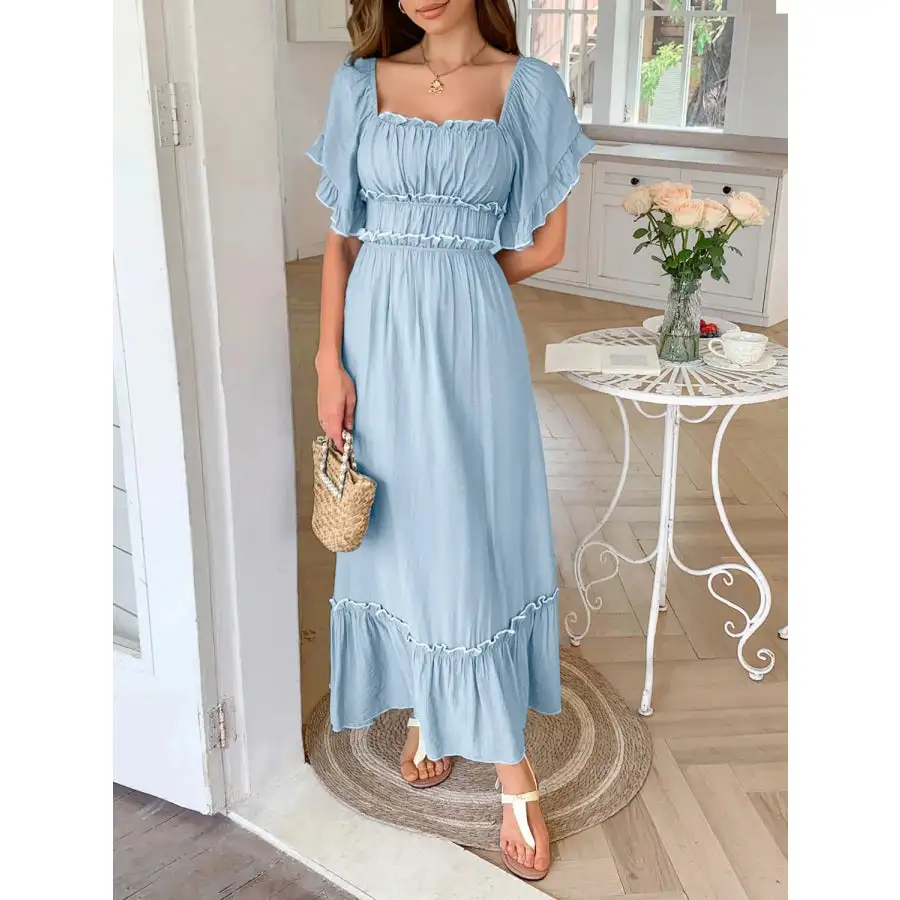 Square Neck Puff Sleeve Ruffle Trim Maxi Dress