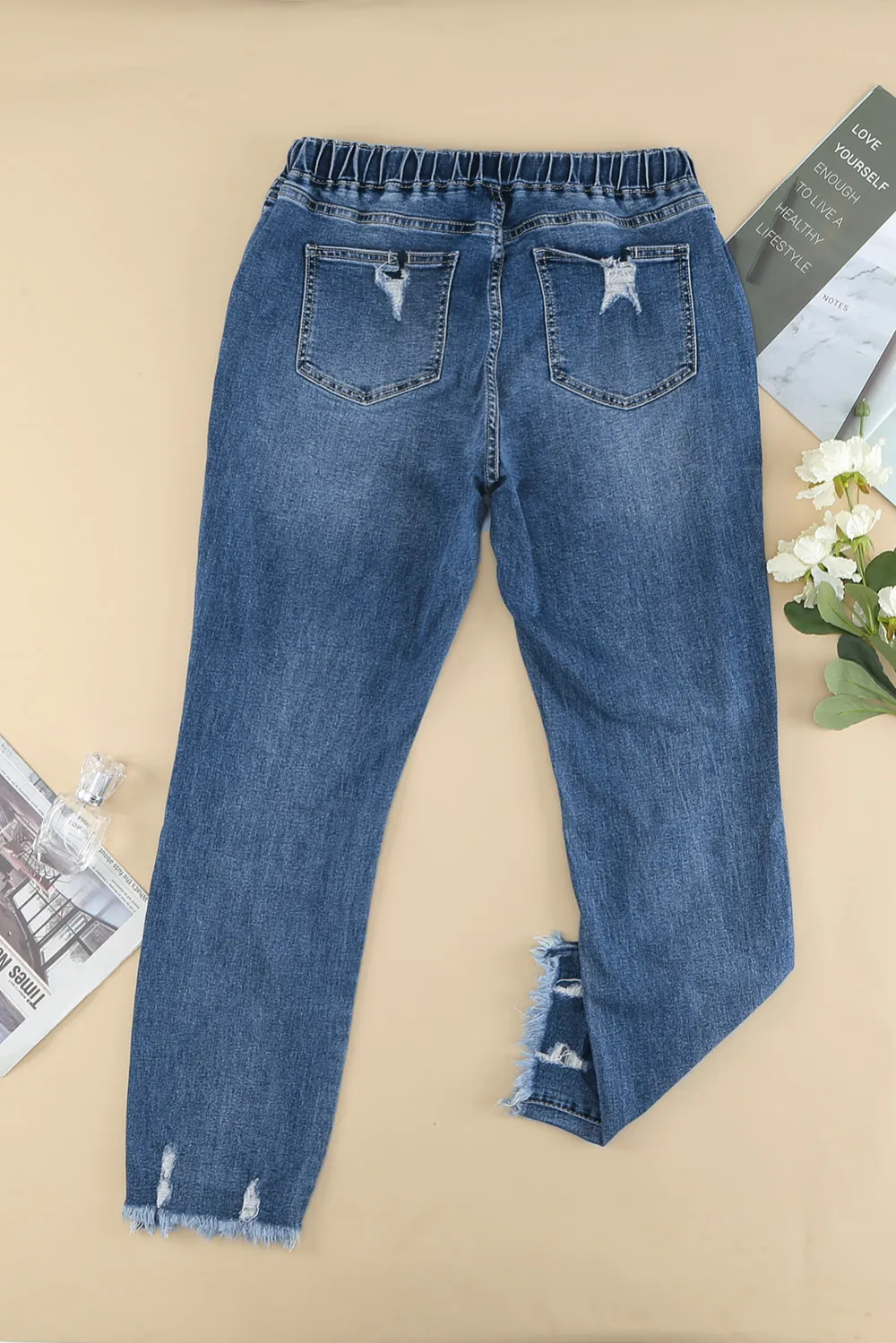 Dark Blue Raw Hem Straight Jeans