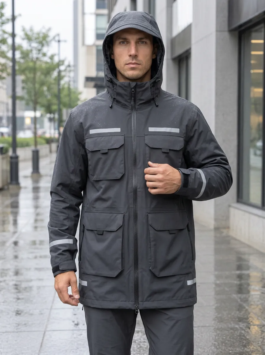 Men's Reflective Strip Waterproof Hooded Jacket