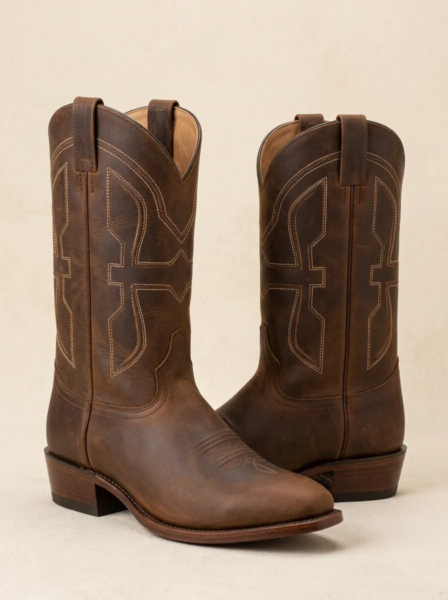 Men's Heritage Western Brown Leather Stitched Pattern Boots