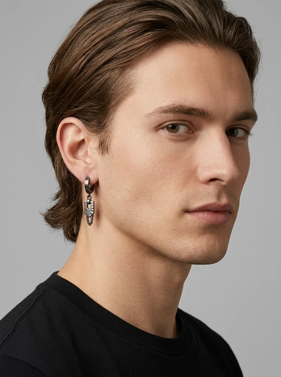 Men's Gothic Punk Hammered Shield Chain Dangle Hoop Earrings