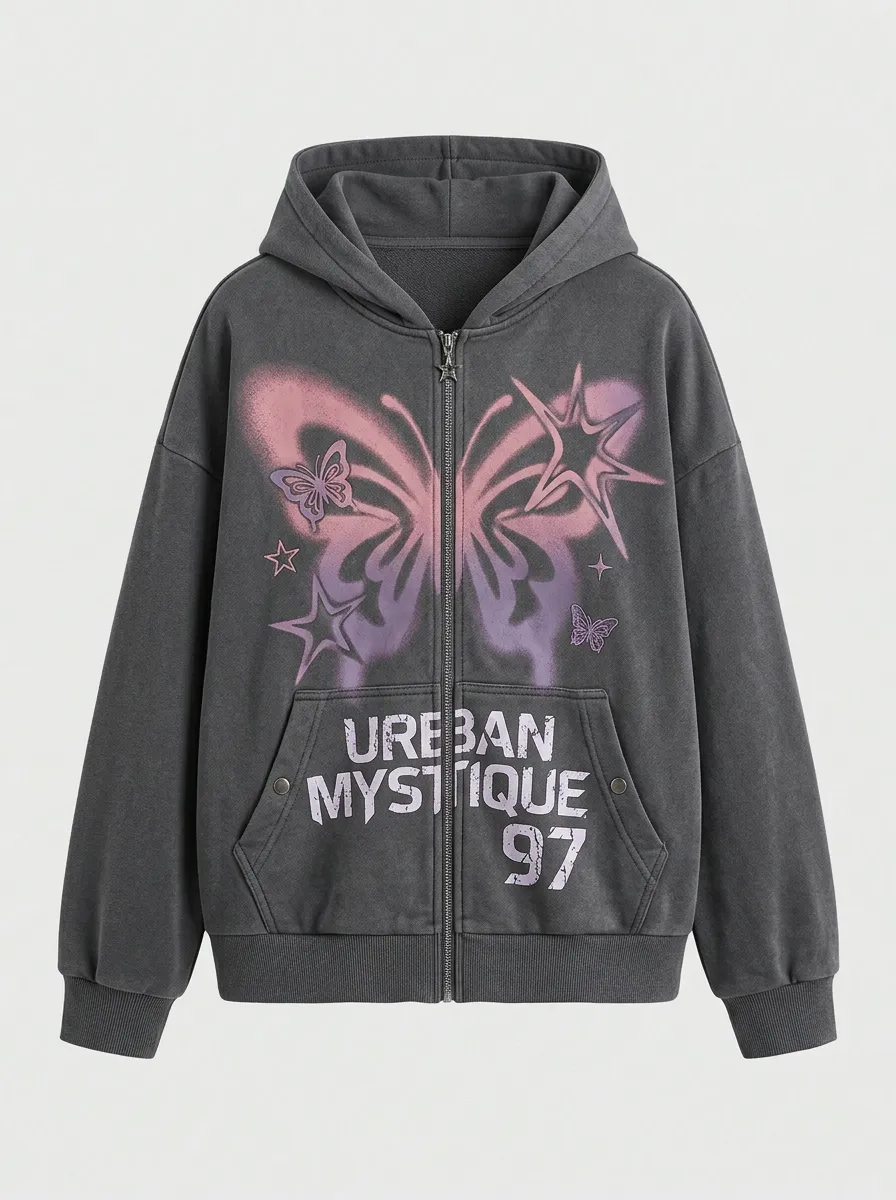 Unisex Streetwear Butterfly Star Printed Zip Up Hoodie