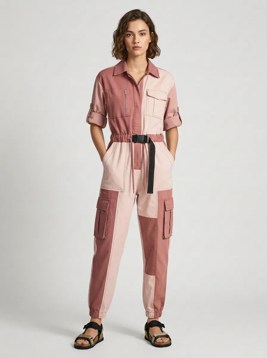 Women's Hudson Utility Patchwork Colorblock Belted Jumpsuit