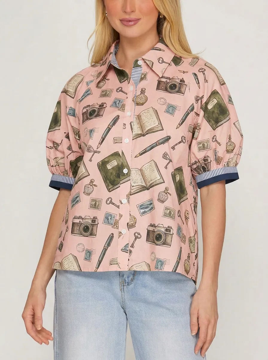 Women's Vintage Stationery Camera Book Graphic Button-Up Shirt