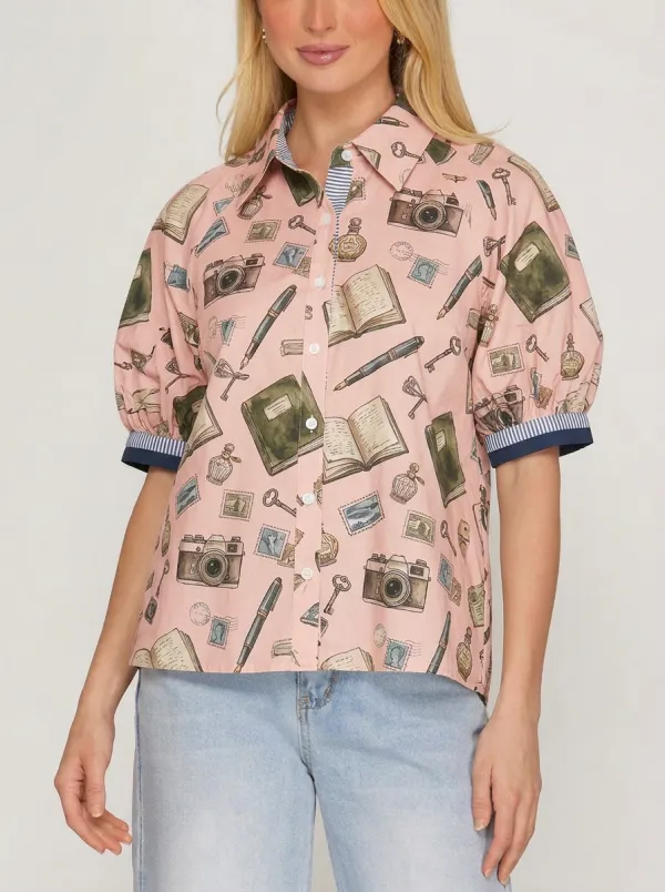 Women's Vintage Stationery Camera Book Graphic Button-Up Shirt
