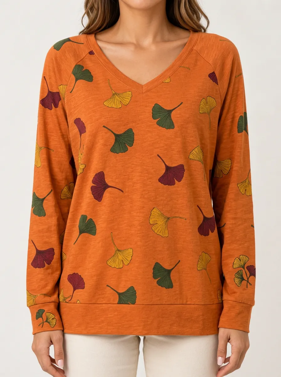 Ginkgo Leaf Nature Motif Casual Long Sleeve Shirt