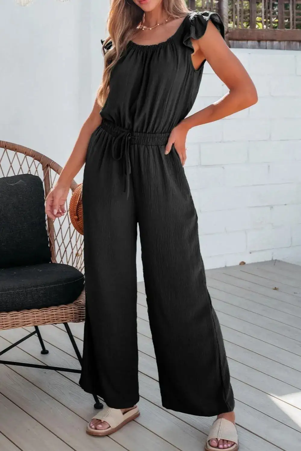 Ruffled Cap Sleeve Wide Leg Jumpsuit Accessory