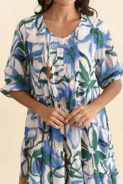 Cotton Above-Knee Floral Pocket Pleated V-Neck Half-Sleeve Dress