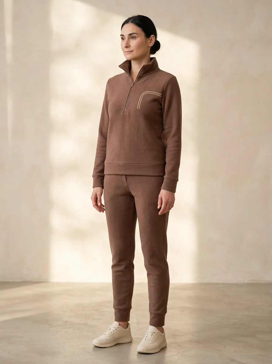 Women's Contrast-Piped Quarter-Zip Warm Jogger Set